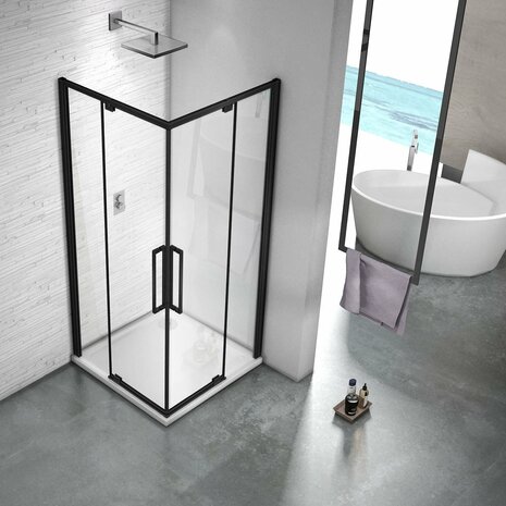 Douchecabine Riani Hoekinstap Draaideur Antikalk Helder Glas Mat Zwart Profiel 8mm Veiligheidsglas Easy Clean