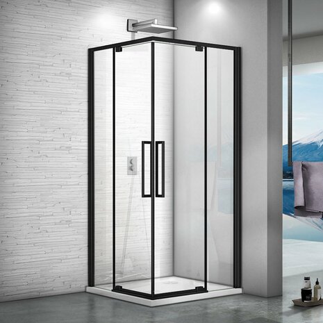 Douchecabine Riani Hoekinstap Draaideur Antikalk Helder Glas Mat Zwart Profiel 8mm Veiligheidsglas Easy Clean