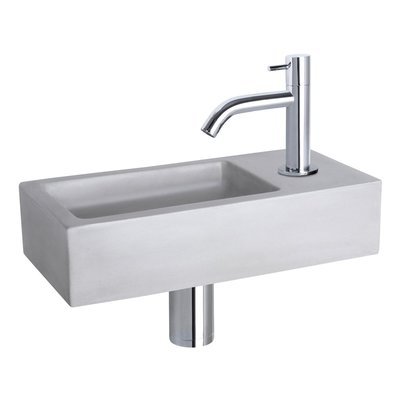 Fonteinset Bravo Rechthoek 38.5x18.5x9 Beton Lichtgrijs Gebogen Toiletkraan Clickwaste Sifon Chroom