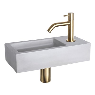 Fonteinset Bravo Rechthoek 38.5x18.5x9 Beton Lichtgrijs Gebogen Toiletkraan Clickwaste Sifon Geborsteld Goud