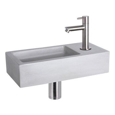 Fonteinset Bravo Rechthoek 38.5x18.5x9 Beton Lichtgrijs Rechte Toiletkraan Clickwaste Sifon RVS Look