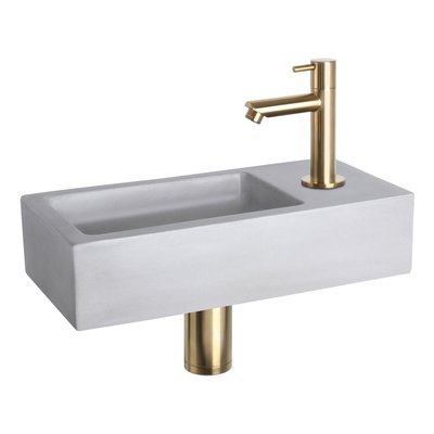 Fonteinset Bravo Rechthoek 38.5x18.5x9 Beton Lichtgrijs Rechte Toiletkraan Clickwaste Sifon Geborsteld Goud